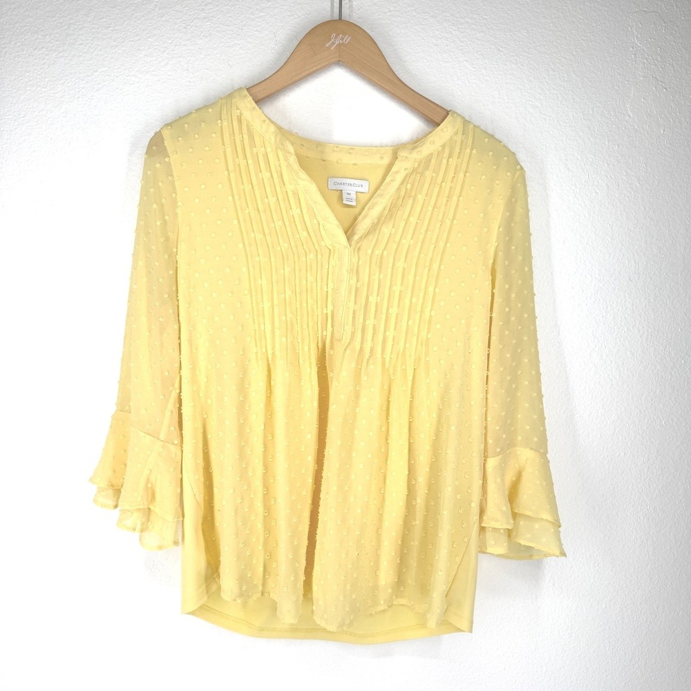 Charter Club Womens Pintuck Ruffle Sleeve Blouse Top M Swiss Dot Butter Yellow